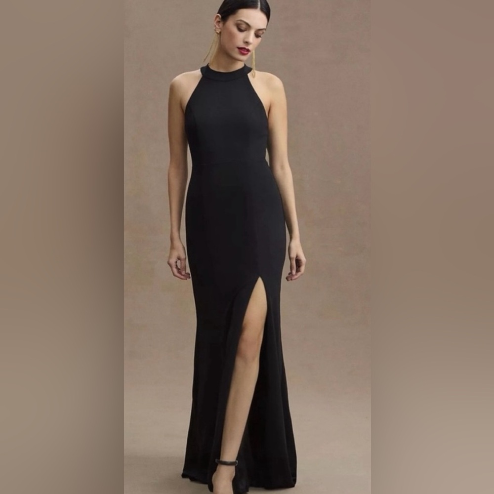 BHLDN Lennox Halter Open Back Side Slit Crepe Gown in Black XS $85